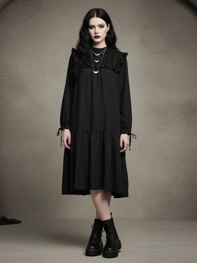 Maple & Cliff Black Long Sleeve Ruffled Dress Black